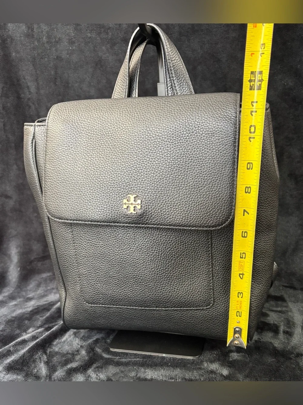 Tory Burch Black Pebbled Leather Flap Backpack Like New